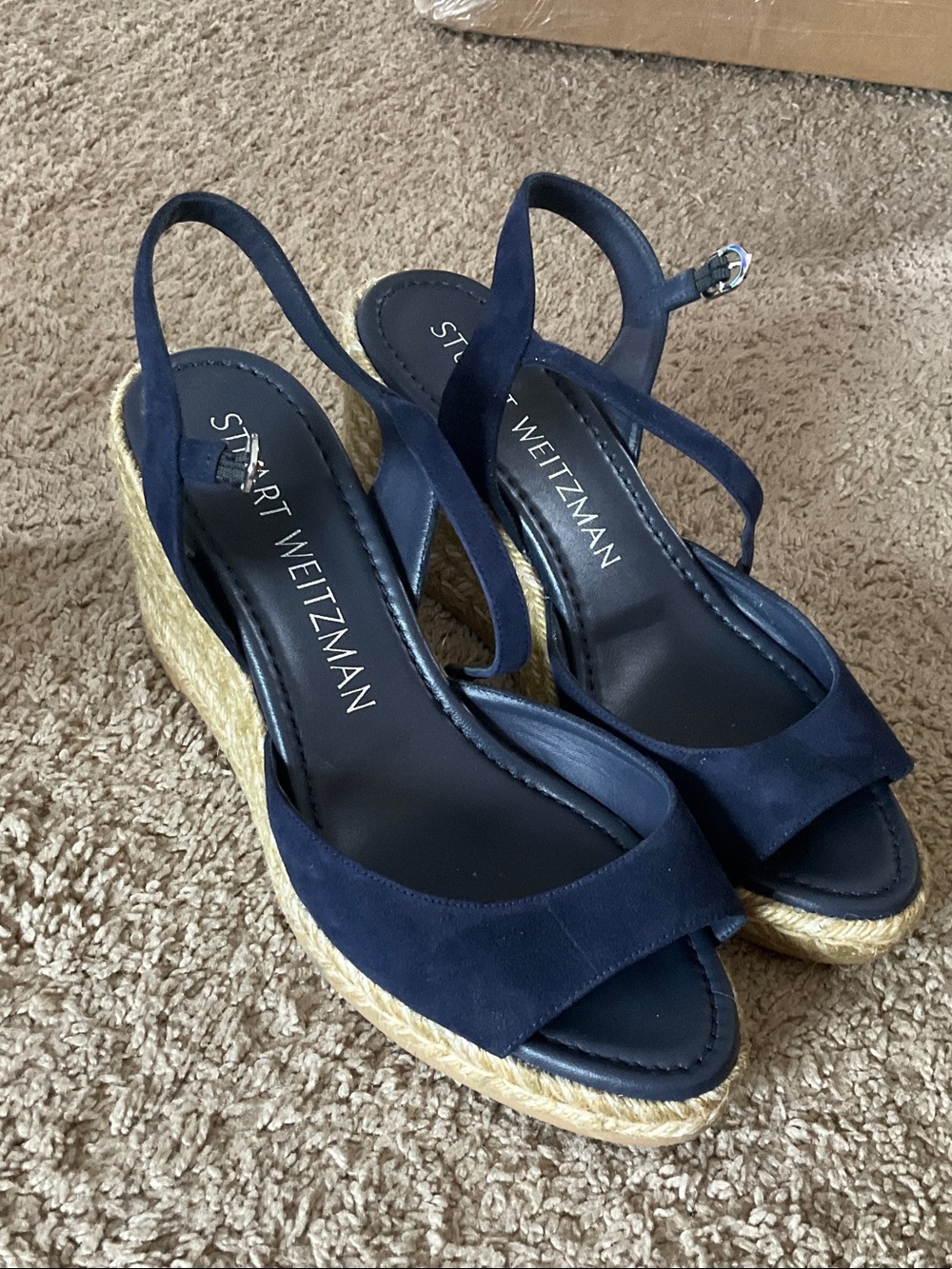 Stuart Weitzman Navy Suede Slingback Espadrille Wedges